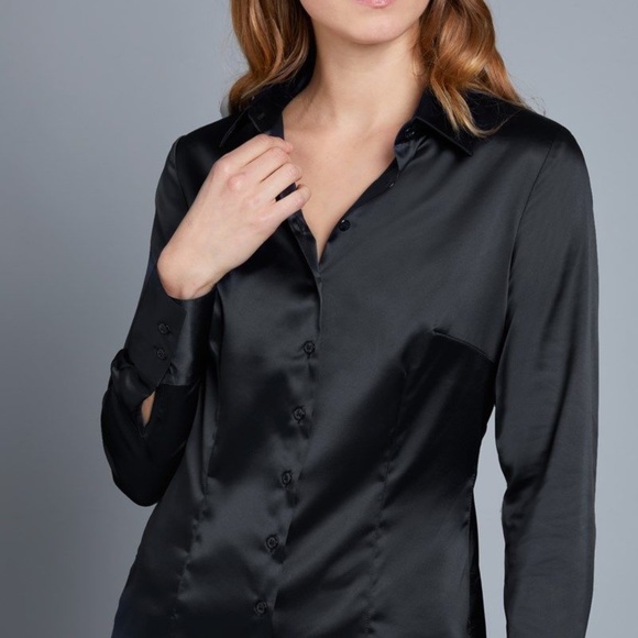 NWT YESSICA Women's Black Fitted Satin Shirt - Picture 4 of 5